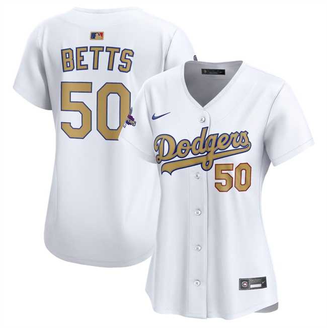 Womens Los Angeles Dodgers #50 Mookie Betts White 2025 Gold Collection Limited Stitched Jersey Dzhi->mlb womens jerseys->MLB Jersey